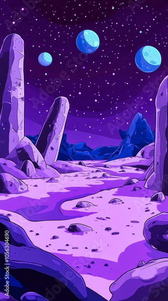 Obraz Cartoon-style alien landscape with rocky terrain and multiple moons