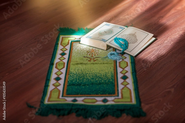 Obraz Священная книга коран зеленого цвета, четки