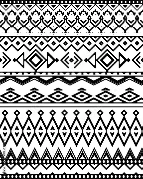 Fototapeta Seamless hand drawn chevron pattern with ethnic and tribal ornament. Vector black and white fashion illustration