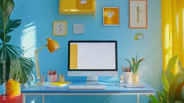 Fototapeta Bright workspace on blue desk with white screen mockup