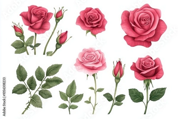 Fototapeta Beautiful bouquet of various pink roses with leaves on a white isolated background.