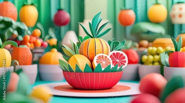 Fototapeta Colorful paper fruits in a bowl on a vibrant table, perfect for illustrating freshness and creativity.