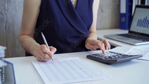 Fototapeta Businesswoman with dark blue dress is using dark calculator and taking notes of company expenses in her office. Taxes and audit in business