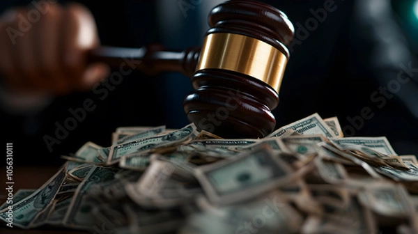 Fototapeta A judge is holding a gavel over a pile of money