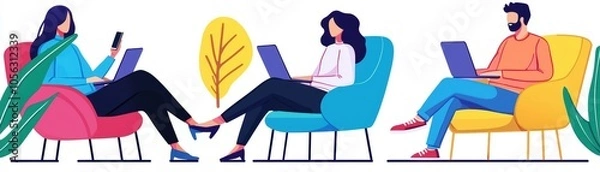 Fototapeta Three people working on laptops in colorful chairs, surrounded by leaves, engaging in a modern workspace.