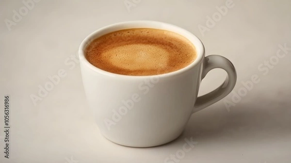 Fototapeta Close-up of espresso with rich crema in a white ceramic cup, minimalist presentation, clean white background, modern cafe style