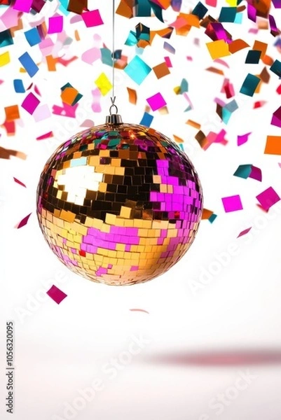 Fototapeta Disco ball with colorful confetti on a white isolated background.