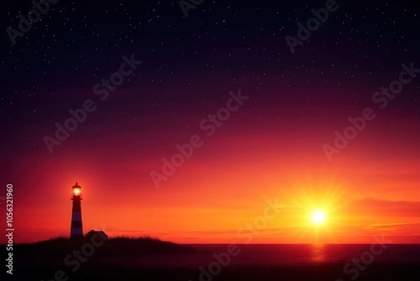 Obraz Lighthouse at sunset over the ocean, vibrant orange sky, tranquil scenery.