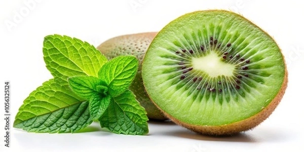 Fototapeta A vibrant kiwi fruit slice with a hint of freshness, surrounded by lush green mint leaves.