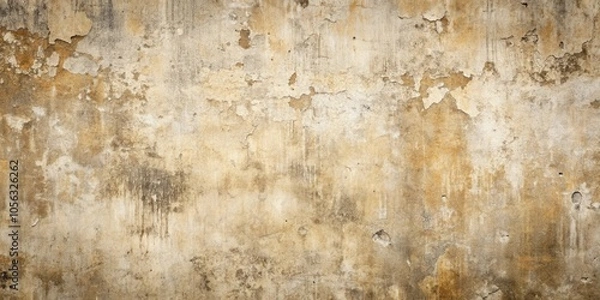 Fototapeta Timeworn Texture of an Aged Wall, Displaying a Blend of Yellowed and Gray Tones, with Flaking Paint, Cracked Mortar, and Patches of Darkness