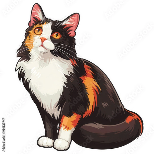 Fototapeta A calico cat is sitting on a white background. Generative AI