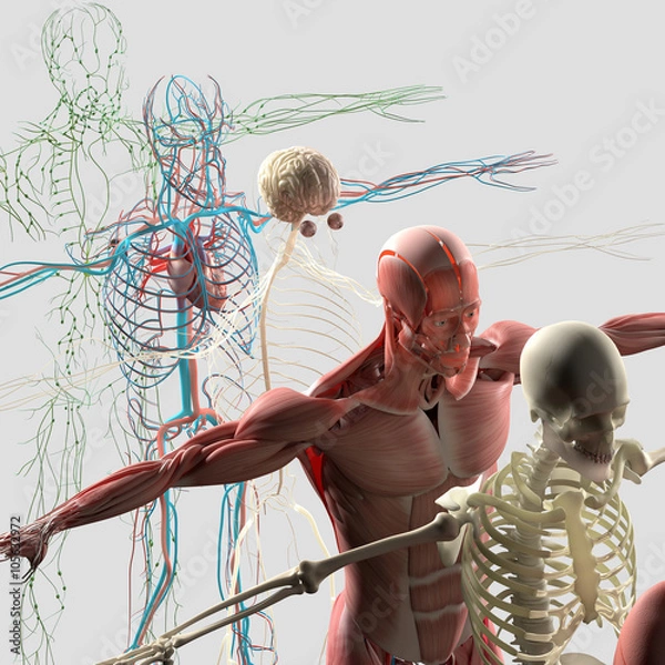 Fototapeta Ludzka anatomia eksplodowała, zdekonstruowana, pokazując oddzielne części, mięśnie, narządy, kości. Kreatywne palety kolorów i designerskie detale.