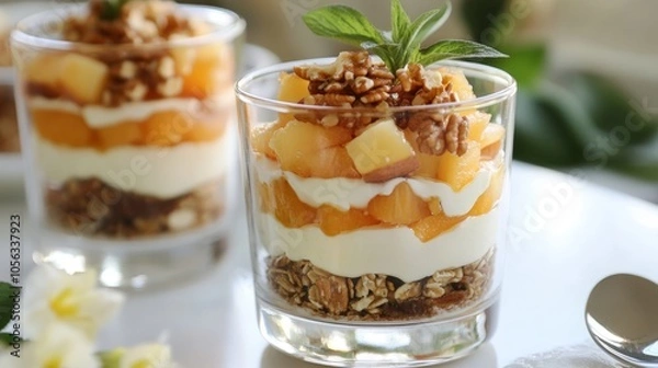 Fototapeta A refreshing chikoo and yogurt parfait, layered beautifully in a clear glass, set on a bright white table for a healthy treat