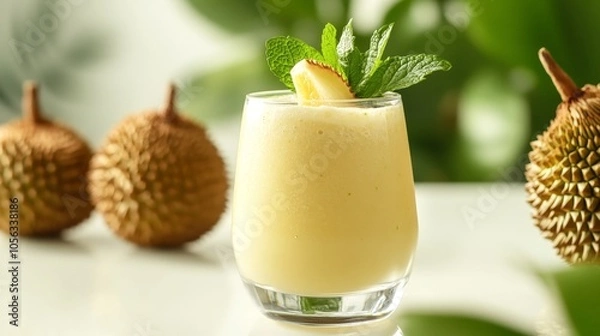 Fototapeta A refreshing durian smoothie garnished with mint leaves, elegantly served in a clear glass against a bright white table for a summery feel