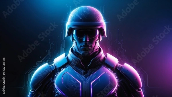 Fototapeta Futuristic 8K Digital Wallpaper with Abstract Soldier and Neon Circuitry Design in Electric Blue and Purple	
