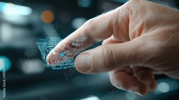 Fototapeta Finger with embedded digital circuitry, pressing a button with light effects