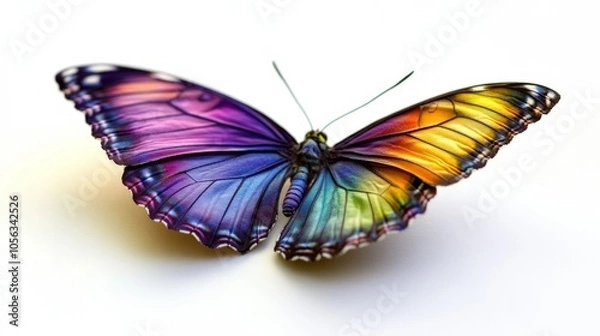 Fototapeta A stunning rainbow butterfly with vividly colored wings, from deep purples to bright yellows, gracefully resting on a white background