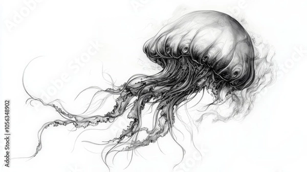 Obraz Adorable drawing of a jellyfish, featuring a charming smile and elegant, trailing tentacles on a white backdrop