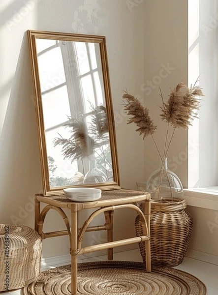 Fototapeta Scandinavian Boho Interior with Blank Poster Frame on Rattan Table