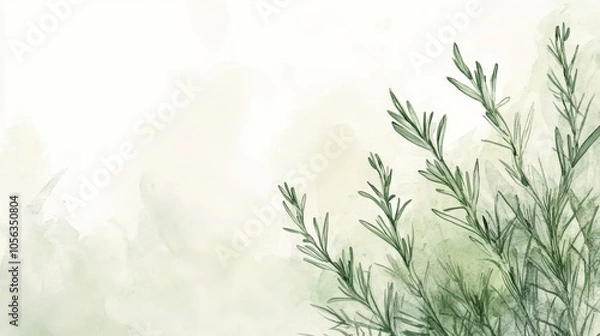 Fototapeta An artistic representation of rosemary in watercolor style, blending soft greens with gentle strokes, creating a serene image on a white background