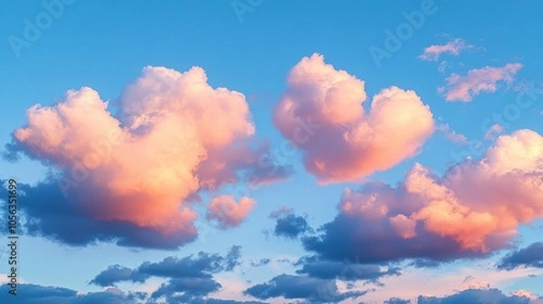 Fototapeta An idyllic scene featuring heart-shaped clouds in a blend of blue and light pink, offering a refreshing view that uplifts the spirit