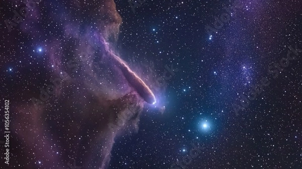 Fototapeta a tail flying radiantly across a starry sky, passing colorful nebulae generative ai
