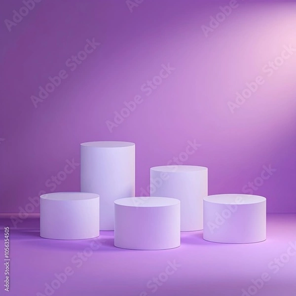 Fototapeta four white podiums stand side by side on the ground ::2 , Light sense, reflection, The background is purple gradient, ultra detailed, ,generative ai