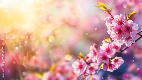 Fototapeta Horizontal banner with pink sakura flowers on a sunny backdrop�beautiful nature spring background with a branch of blooming sakura
