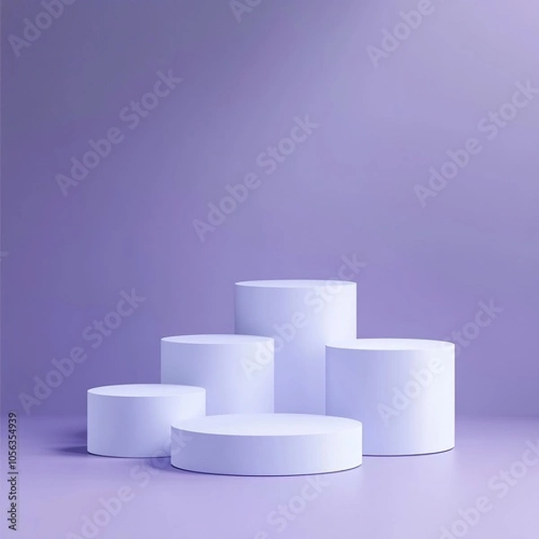 Fototapeta four white podiums stand side by side on the ground ::2 , Light sense, reflection, The background is purple gradient, ultra detailed, ,generative ai