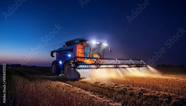 Fototapeta A night-time agricultural scene featuring a modern sprayer working on a field, illuminated by bright lights, showcasing precision farming technology.
