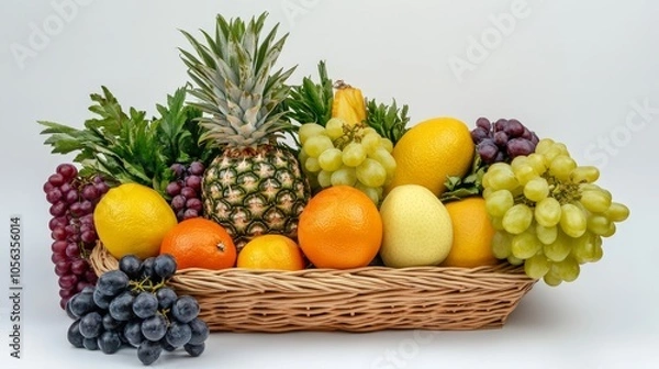 Fototapeta Artistic white backdrop showcasing a pineapple and other fruits in a fruit basket, capturing the fresh and tropical essence of plant-based food