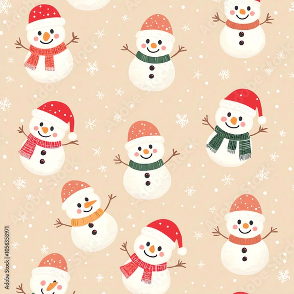 Fototapeta  Seamless pattern with cute, smiling snowmen in Christmas attire on a beige background. 
