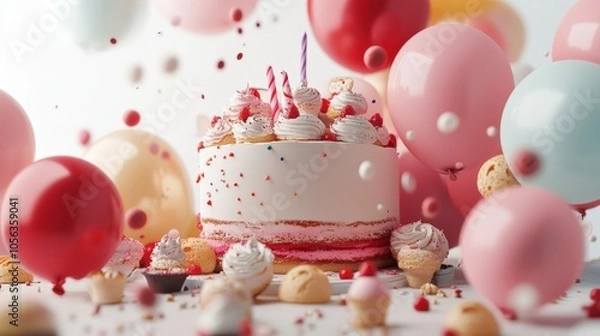 Fototapeta Artistic white background with a stunning birthday cake, colorful balloons, and delicious desserts, creating a celebratory and joyful scene