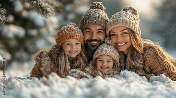 Fototapeta Happy Family in Winter Wonderland Snow