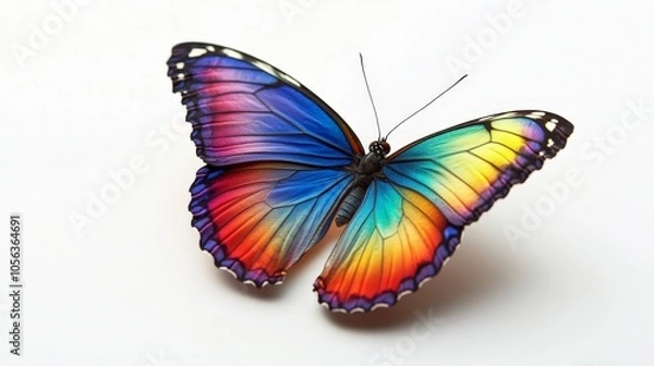 Fototapeta Beautiful butterfly with a full spectrum of rainbow colors on its wings, gently fluttering on a bright white background