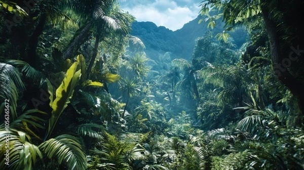 Fototapeta Lush Tropical Jungle with Dense Greenery and Sunlight