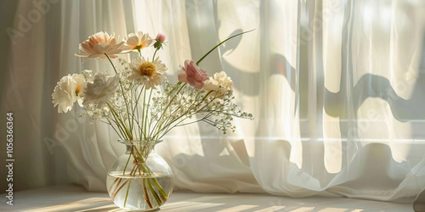 Obraz A simple floral arrangement in a glass vase near natural light with soft curtains