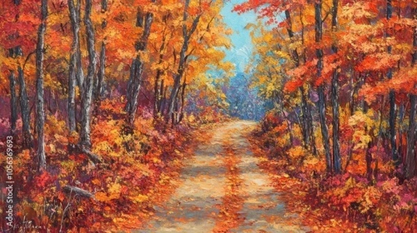 Fototapeta Autumn Pathway Through Vibrant Fall Foliage