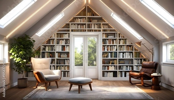 Fototapeta Inviting reading nook with a cozy armchair, surrounded by bookshelves and a warm, bright lamp for relaxation and literary escape