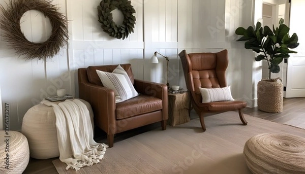 Fototapeta Cozy reading nook with a wingback chair and a plush blanket for ultimate comfort and relaxation