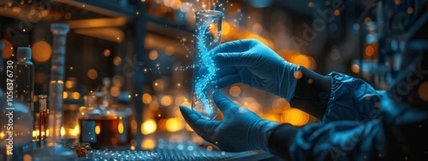 Fototapeta scientist holding test tubes and beakers in virtual lab with DNA holograms for research and education
