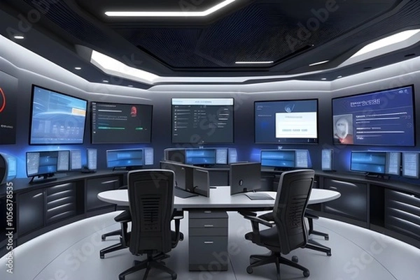 Obraz Advanced data protection workspace with biometric access control and encryption, 3D render