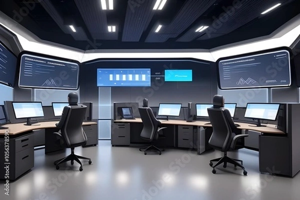 Obraz Modern cybersecurity office setup with biometric access and advanced data encryption technology