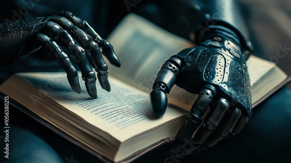 Fototapeta Close-Up of a Prosthetic with Textured Grip Holding a Book, demonstrating adaptability and fine motor skills in an everyday task
