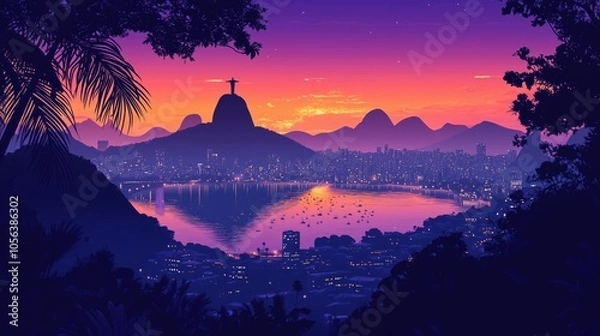 Fototapeta At twilight, Rio glows with deep purples and oranges, as vibrant lights reflect on Guanabara Bay.