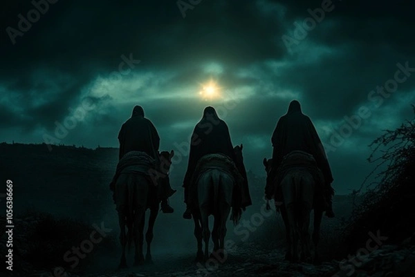 Fototapeta the three wise men on camels fllowing a bright star in the desert,generative ai