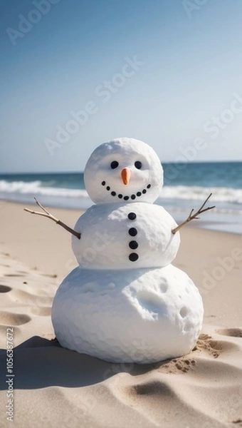 Fototapeta A snowman made of snow is situated on the beach, surrounded by sand and ocean waves, blending winter charm with a sunny coastal atmosphere, australian winter