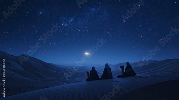 Obraz three wise man and three camels taking a break in the desert under an illuminated star, symbolizing divine presence during Christmas. ,generative ai