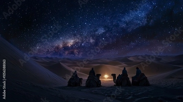 Obraz three wise man and three camels taking a break in the desert under an illuminated star, symbolizing divine presence during Christmas. ,generative ai