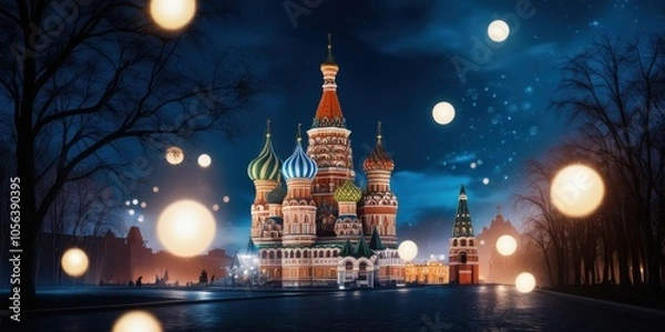 Fototapeta Red Square Moscow, St. Basil's Cathedral, night scene, illuminated architecture, colorful domes, bokeh lights, orange glowing orbs, starry sky, magical atmosphere, historic landmark, Russian architect